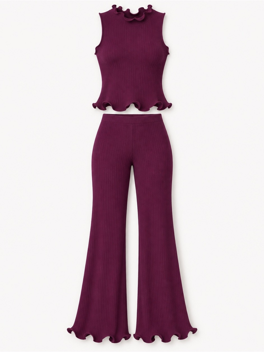 Meshki Ribbed Ruffle-Hem Tank & Flare Set - Plum